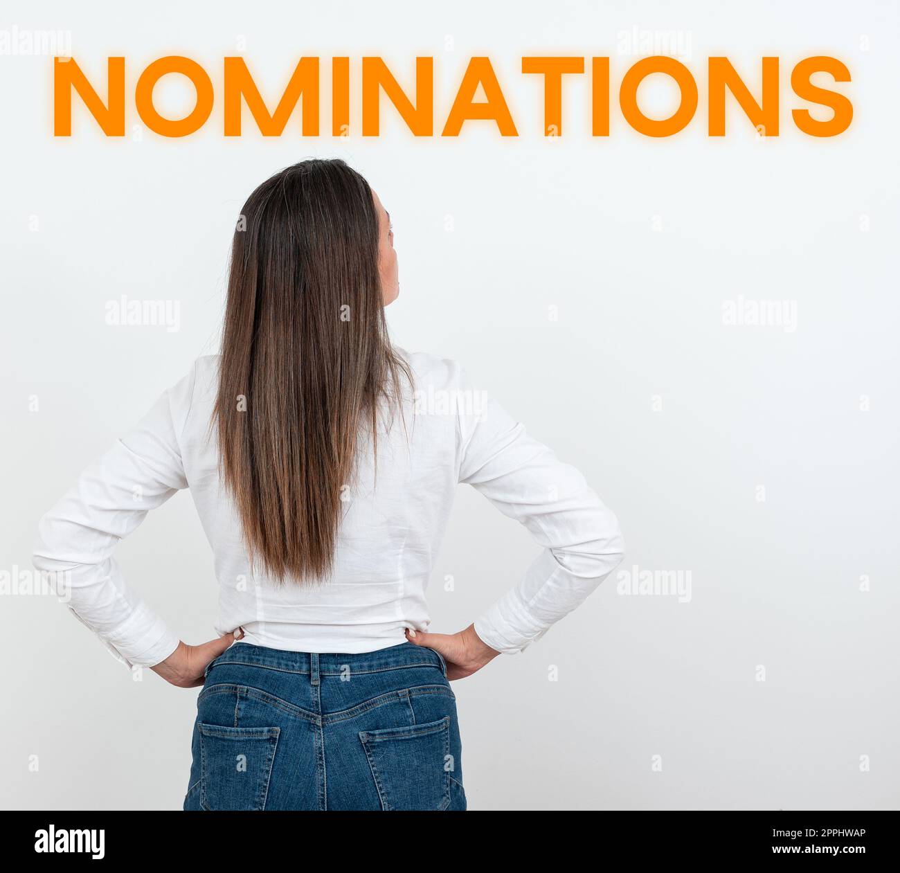 Hand writing sign Nominations. Concept meaning the act of officially suggesting someone for a job or position Stock Photo