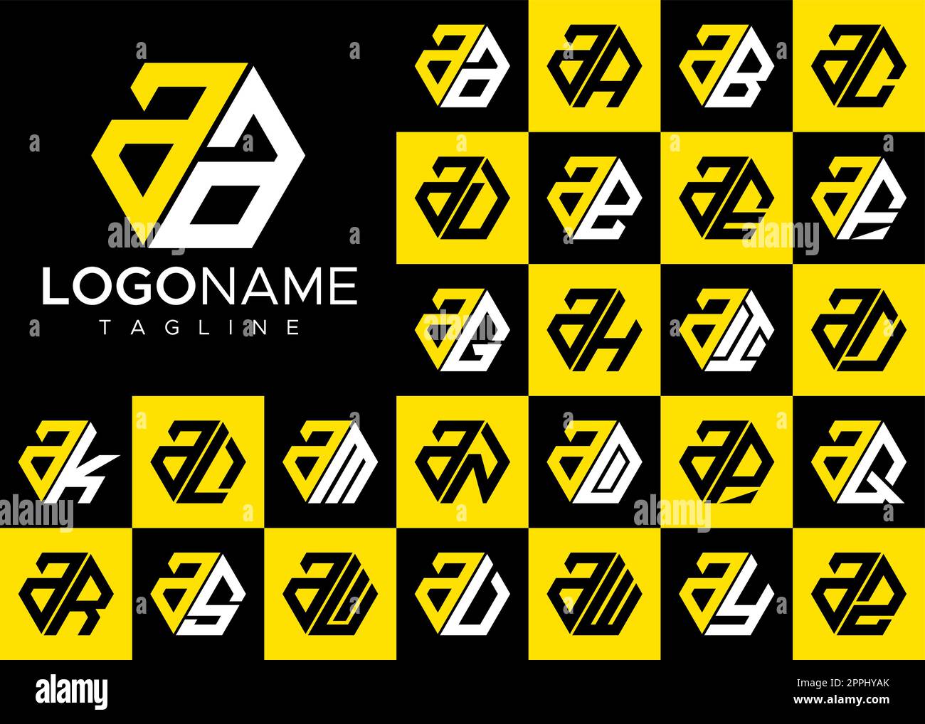 Collection of hexagon A letter logo design. Modern letter A logo template. Stock Vector