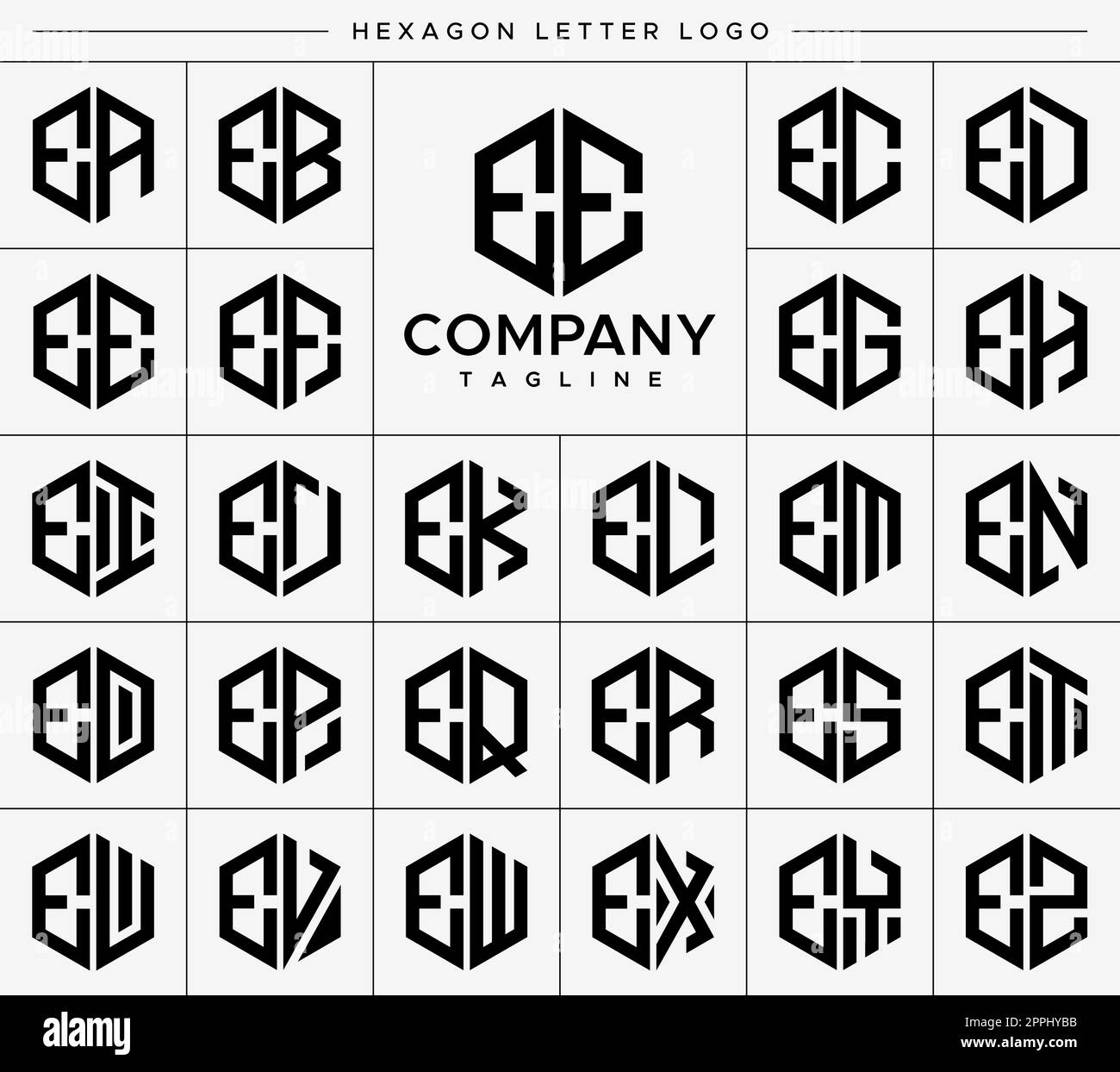 Modern hexagon E letter logo design vector set. Hexagonal EE E logo graphic. Stock Vector