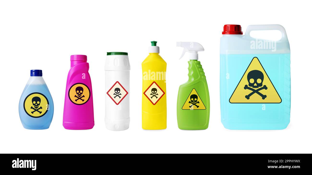 Set with different toxic household chemicals with warning signs on white background Stock Photo