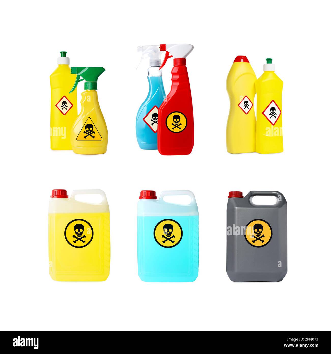 Set with different toxic household chemicals with warning signs on