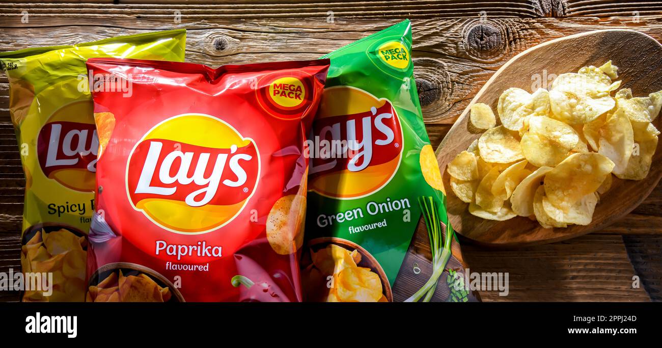 Composition with packets of Lays potato chips Stock Photo Alamy
