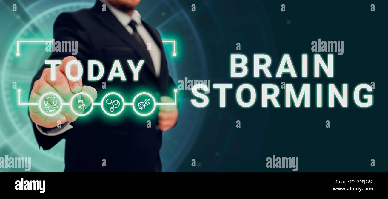 Conceptual display Brain Storming. Word for Long term marketing support for a product Marketing Man With A Pen Pointing On Digital Symbols Showing Creative Ideas. Stock Photo