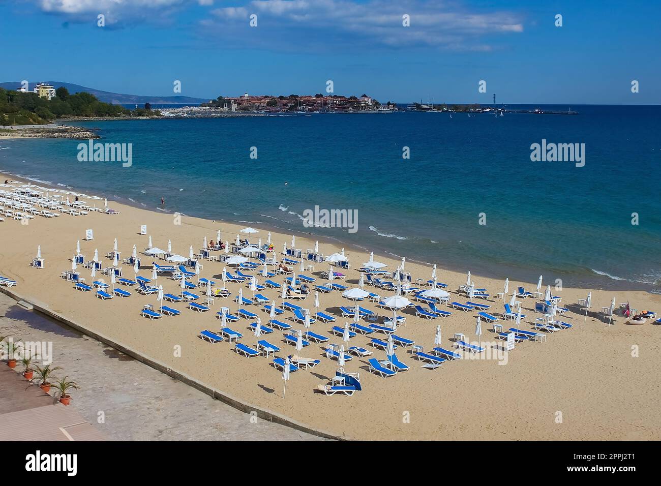 View on sand bay or beach resort at sunny day at Nesebar, Bulgaria Stock Photo