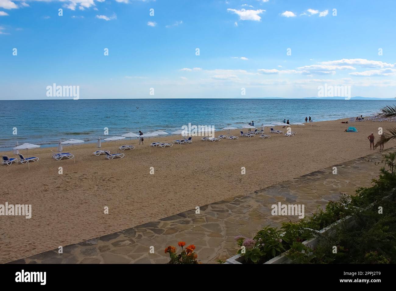 View on sand bay or beach resort at sunny day at Nesebar, Bulgaria Stock Photo