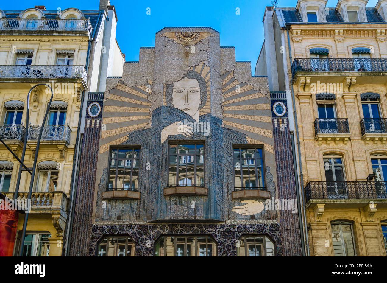 TOULOUSE, FRANCE - SEPTEMBER 5, 2013: Former headquarters of 'La Depeche du Midi' a French regional newspaper, in Toulouse, France. Building built in 1932 by Leon Jaussely, art-deco facade is entirely decorated with mosaics signed Gentil and Bourdet Stock Photo