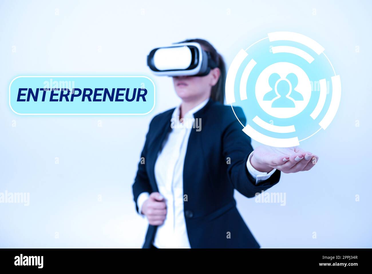 Handwriting text Entrepreneur. Business overview enterprise resource planning centralized database for business processes Woman Wearing Vr Glasses And Presenting Important Messages Over One Hand. Stock Photo