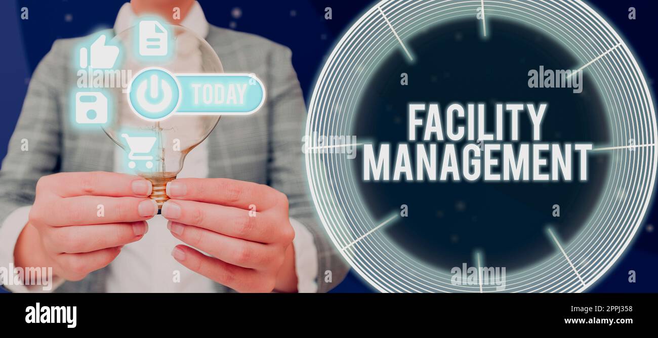 Inspiration showing sign Facility Management. Internet Concept Understanding Monetary areas like Finance and Investing Businessman Showing Light Bulb And Digital S Presenting New Ideas. Stock Photo