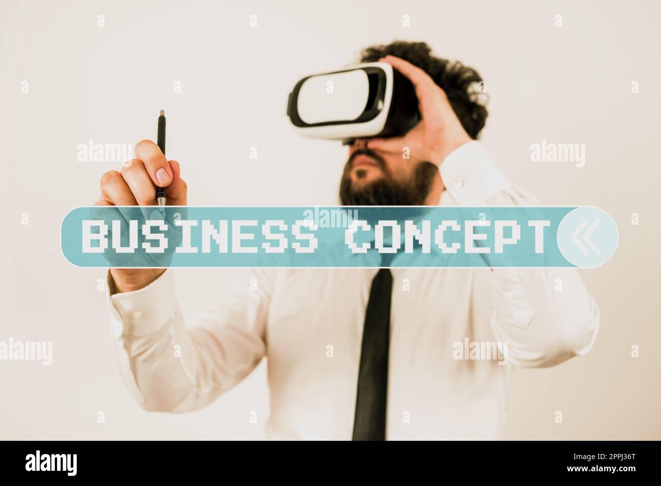 Writing displaying text Business Concept. Word for Interfirm cooperation that allows companies to collaborate Standig Man Holding Pen To Point Important Messages And Wearing Vr Glasses. Stock Photo