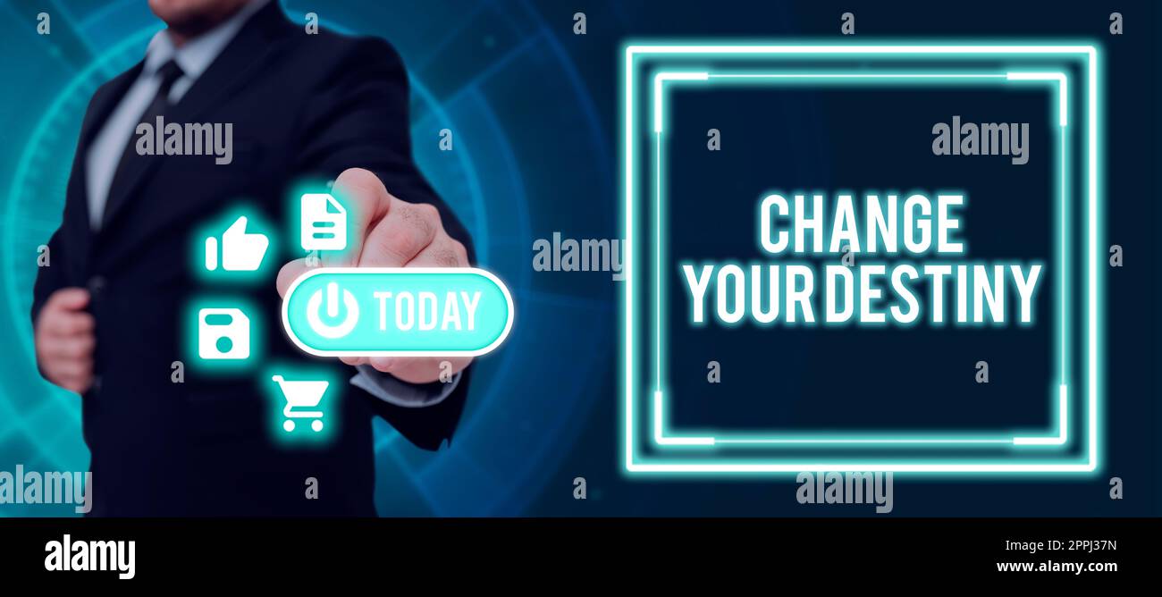 Inspiration showing sign Change Your Destiny. Business concept Formal Statement Testifying Candid Endorsement by Others Businessman Presenting Digital S And Display With Crucial Information. Stock Photo