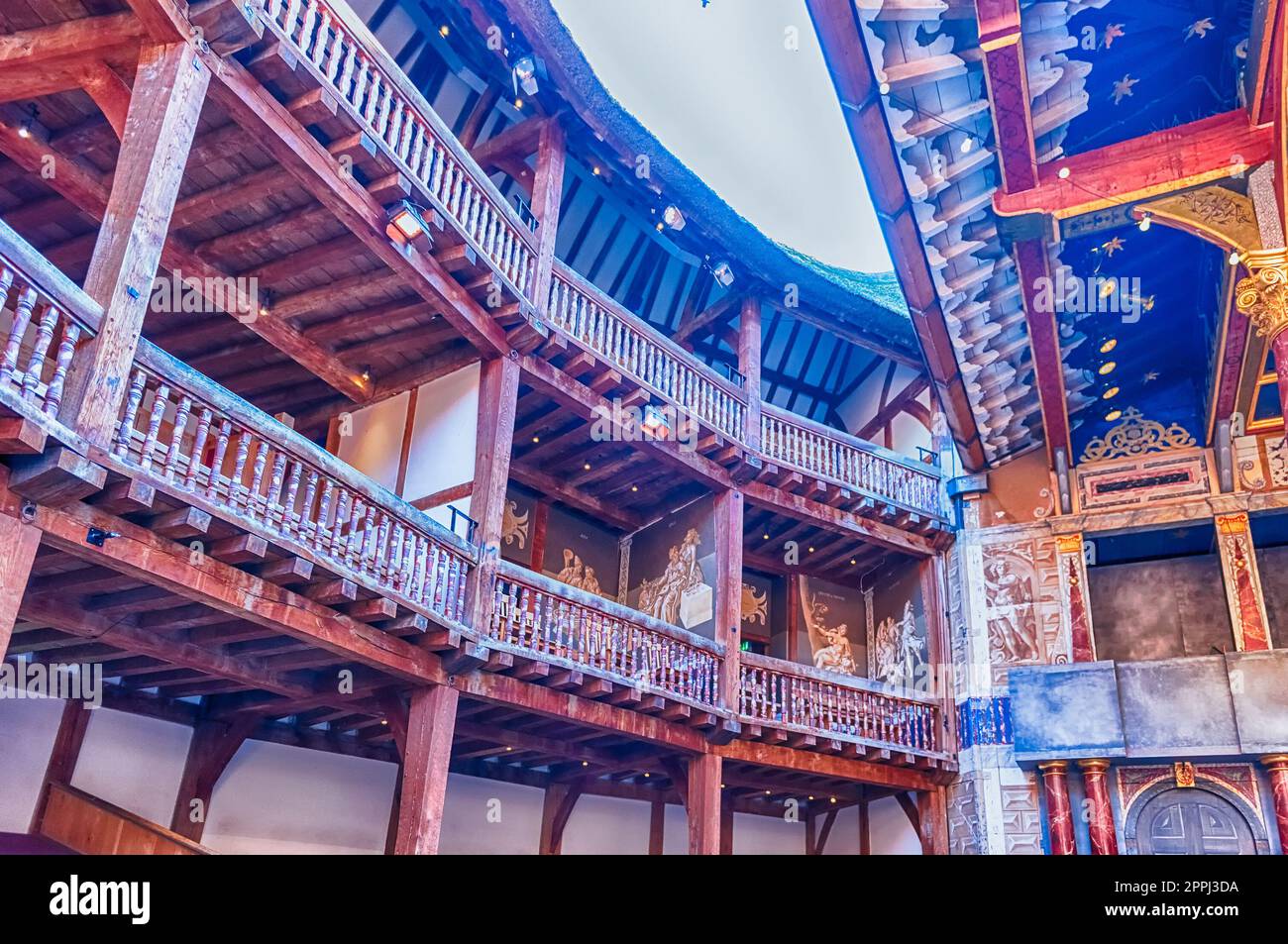 LONDON APRIL 16, 2022 Inside Shakespeare's Globe Theatre in London, England, UK. It is a