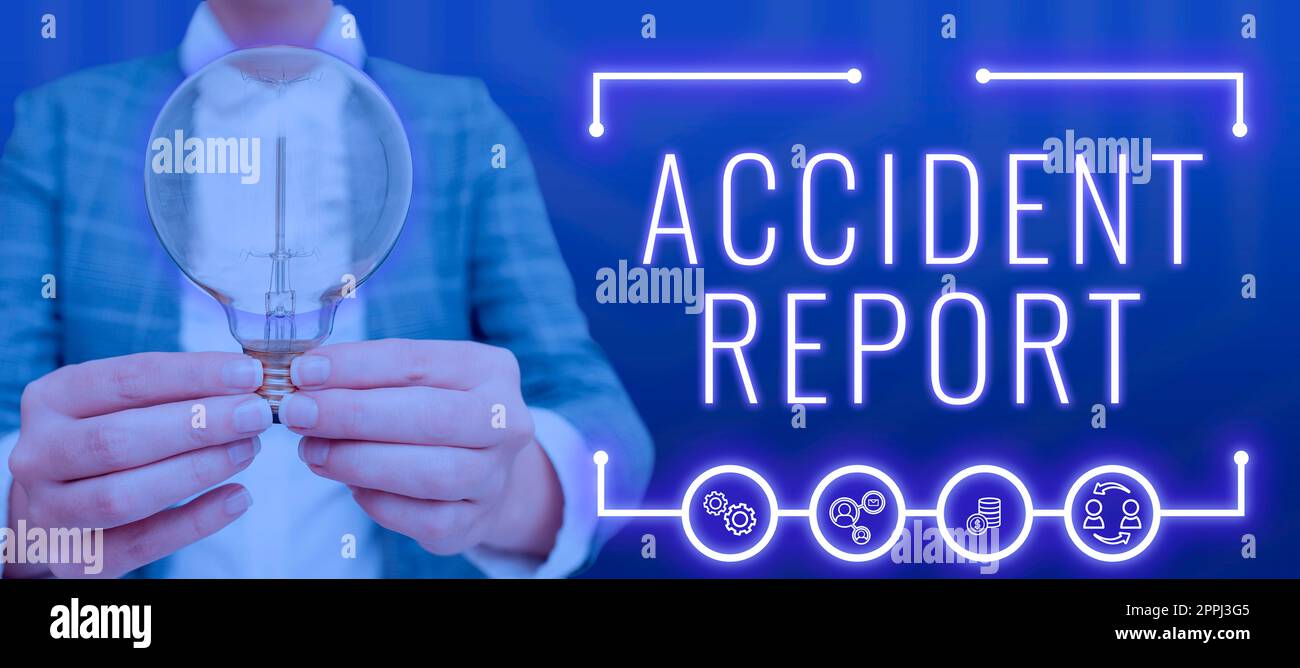 Sign displaying Accident Report. Conceptual photo to attain a desired end or aim Achievement of something Woman With A Light Bulb Image In A Graphic Frame Displaying Digital Data. Stock Photo