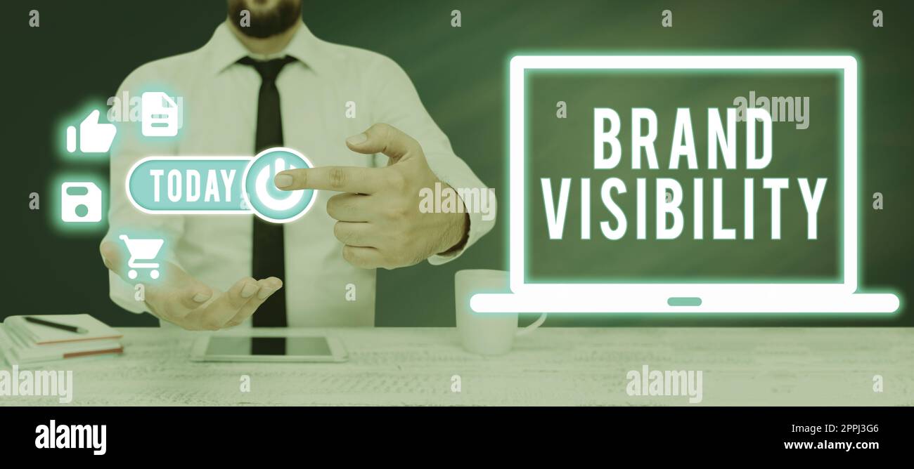 Text caption presenting Brand Visibility. Business overview dividing the cost of something into the different parts Man Presenting Graphical Multiple S And Pointing On Power Button. Stock Photo