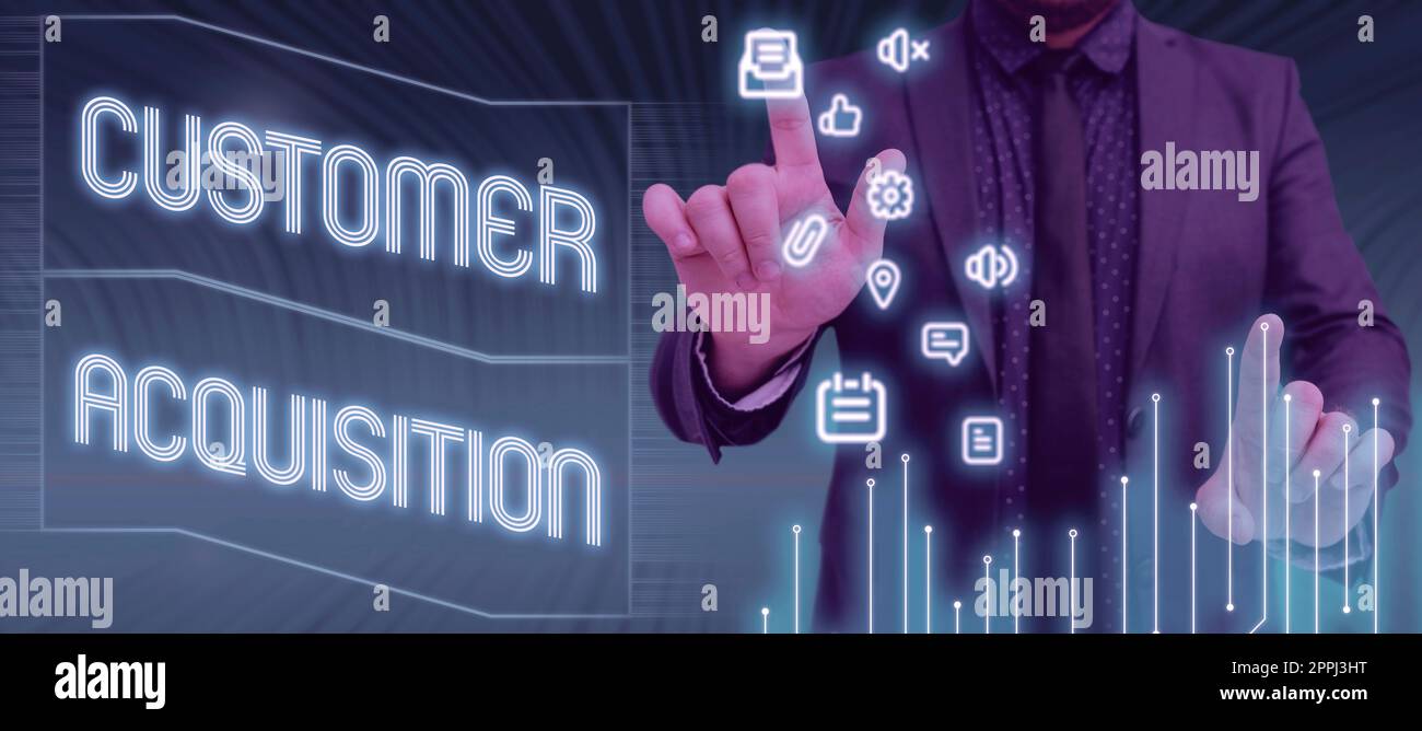 Conceptual display Customer Acquisition. Business idea it refers to gaining new consumers to the business Businessman Pointing With Two Fingers On S And Presenting New Ideas. Stock Photo