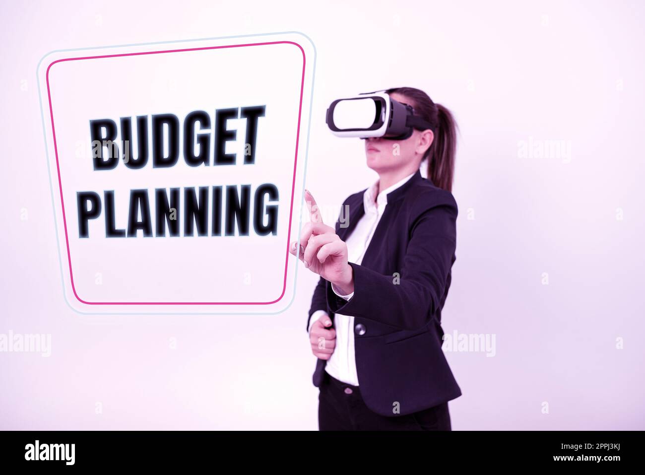 Writing displaying text Budget Planning. Word Written on purchasing process that businesses lead their customers Woman Wearing Vr Glasses And Pointing On Important Message With One Finger. Stock Photo