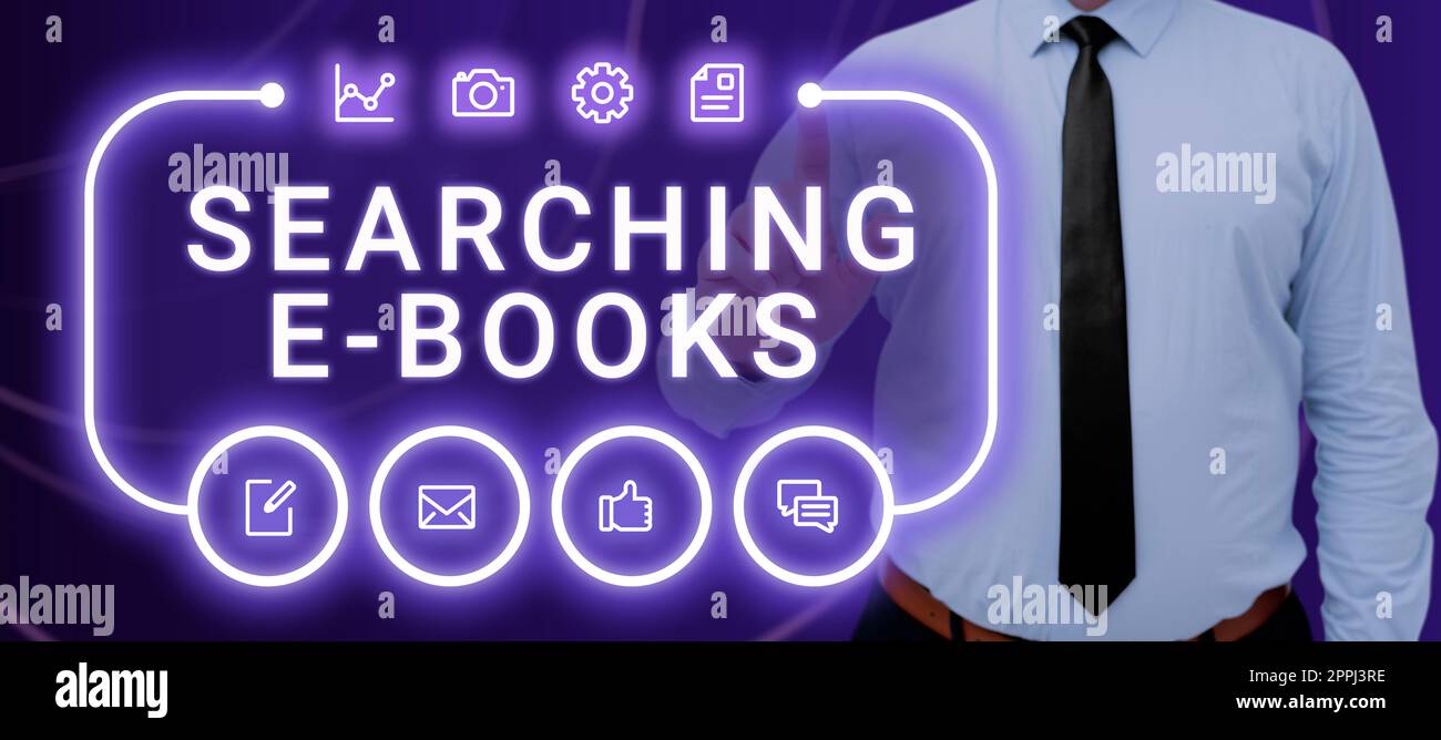 Text caption presenting Searching E Books. Concept meaning process of making yourself a better or more knowledgable Stock Photo