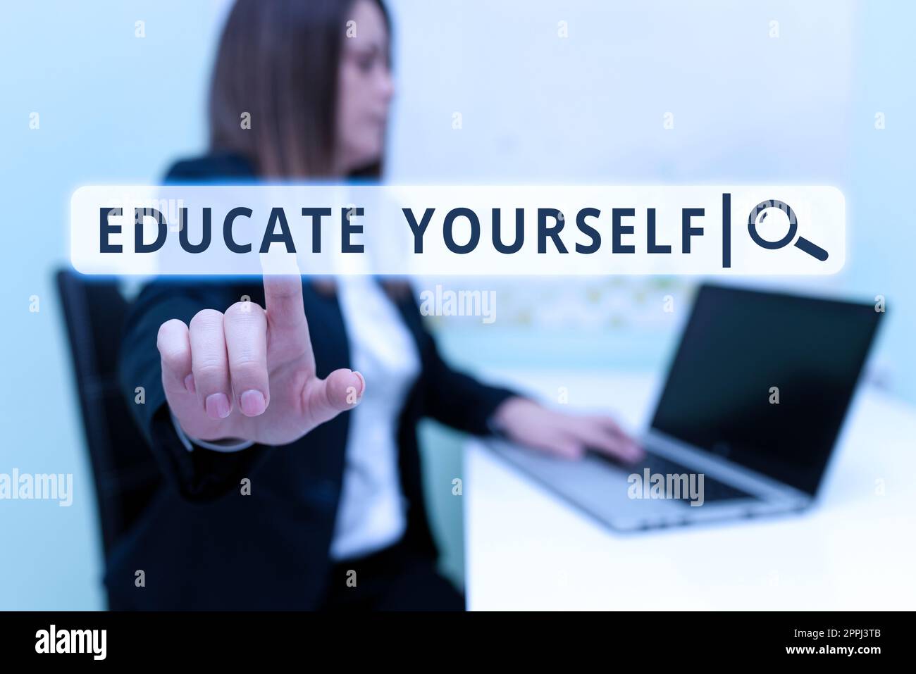 Inspiration showing sign Educate Yourself. Business idea producing the intended purpose or expected result Woman Typing Updates On Lap Top And Pointing New Ideas With Pen. Stock Photo