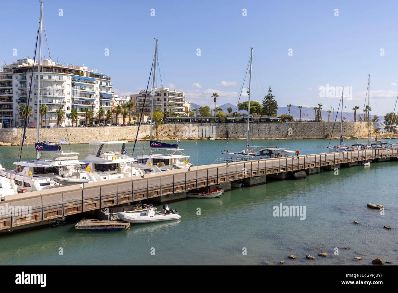 View of the port in the Bay of Zea with moored yachts, Athens, Piraeus, Greece Stock Photo