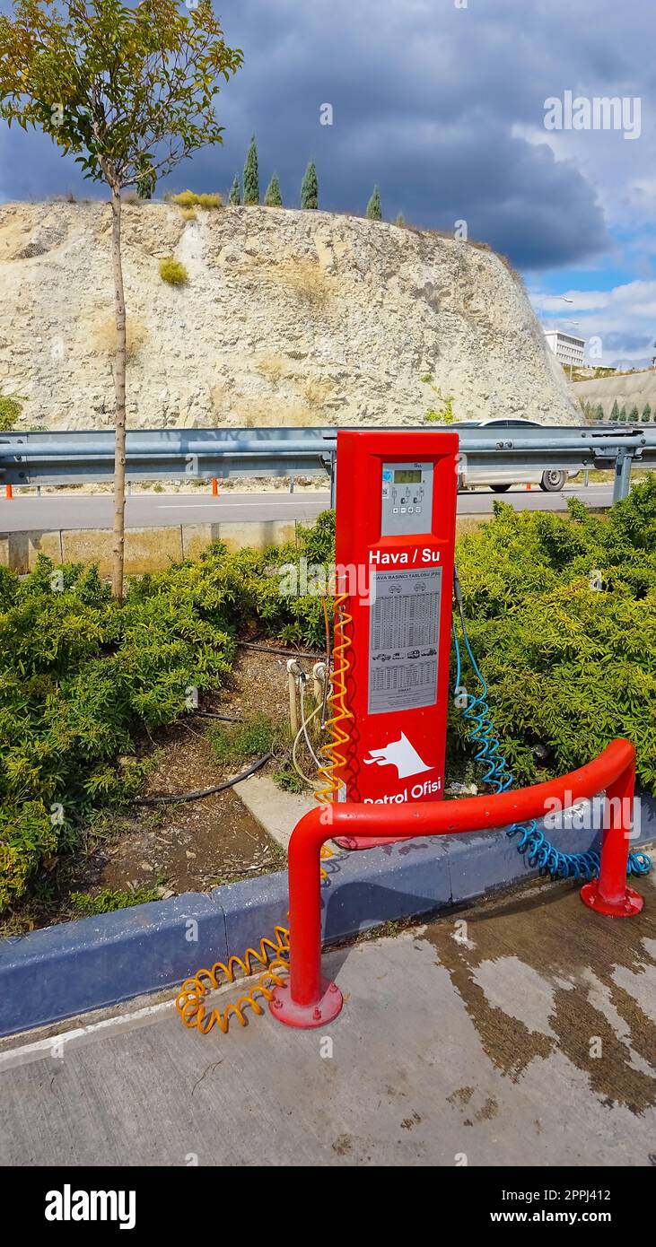 Marmaris, Turkey - September 23, 2022: Tire inflator with pressure level indicator Stock Photo