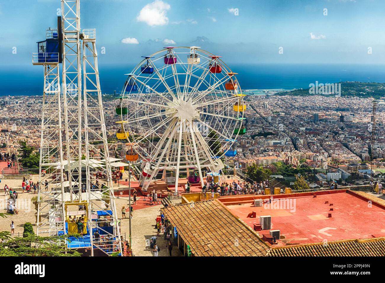 Aerial view over the Tibidabo Amusement Park, Barcelona, Catalonia, Spain Stock Photo