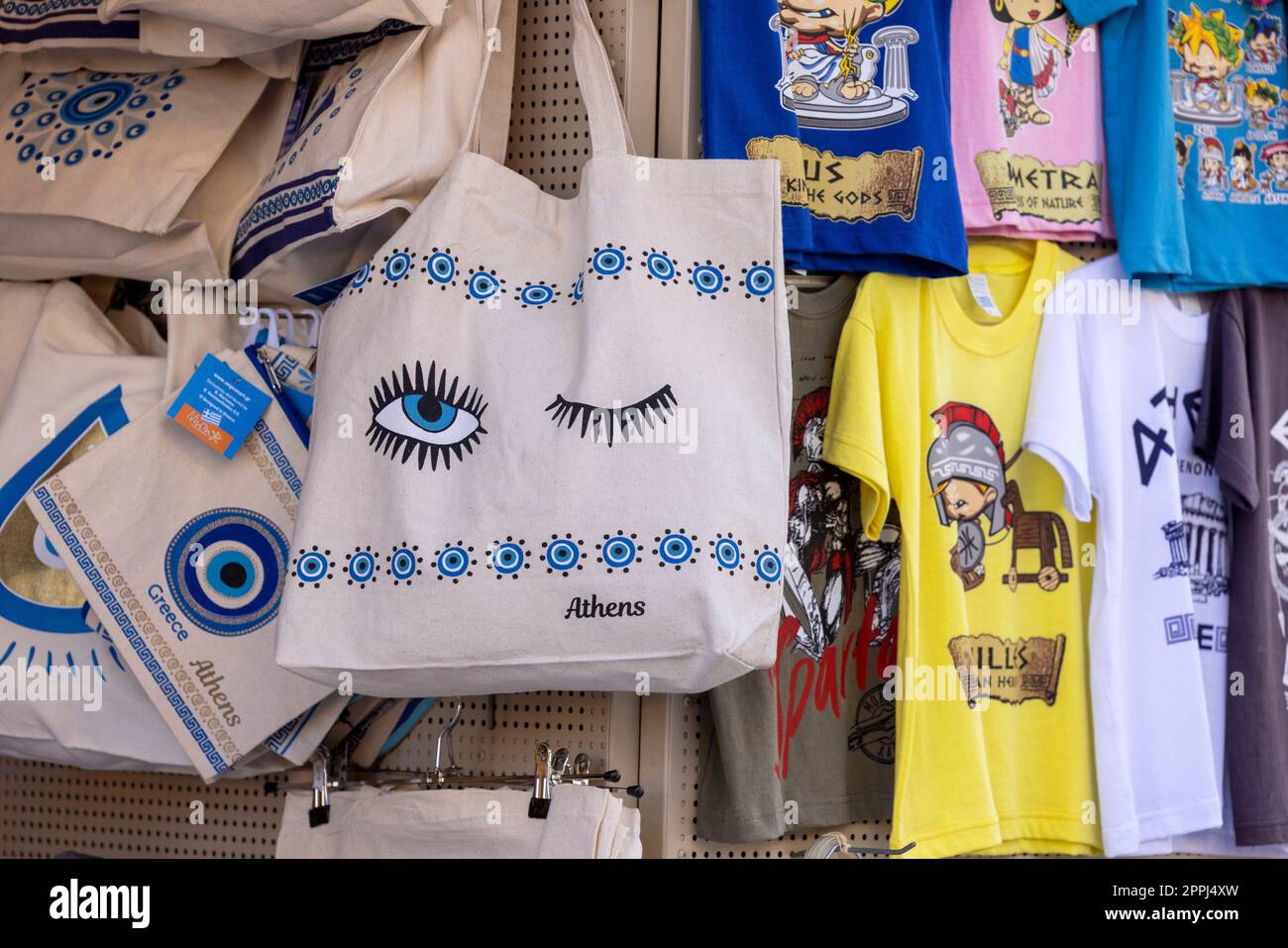 Typical souvenir shop on a street in district Plaka, fabric bags with