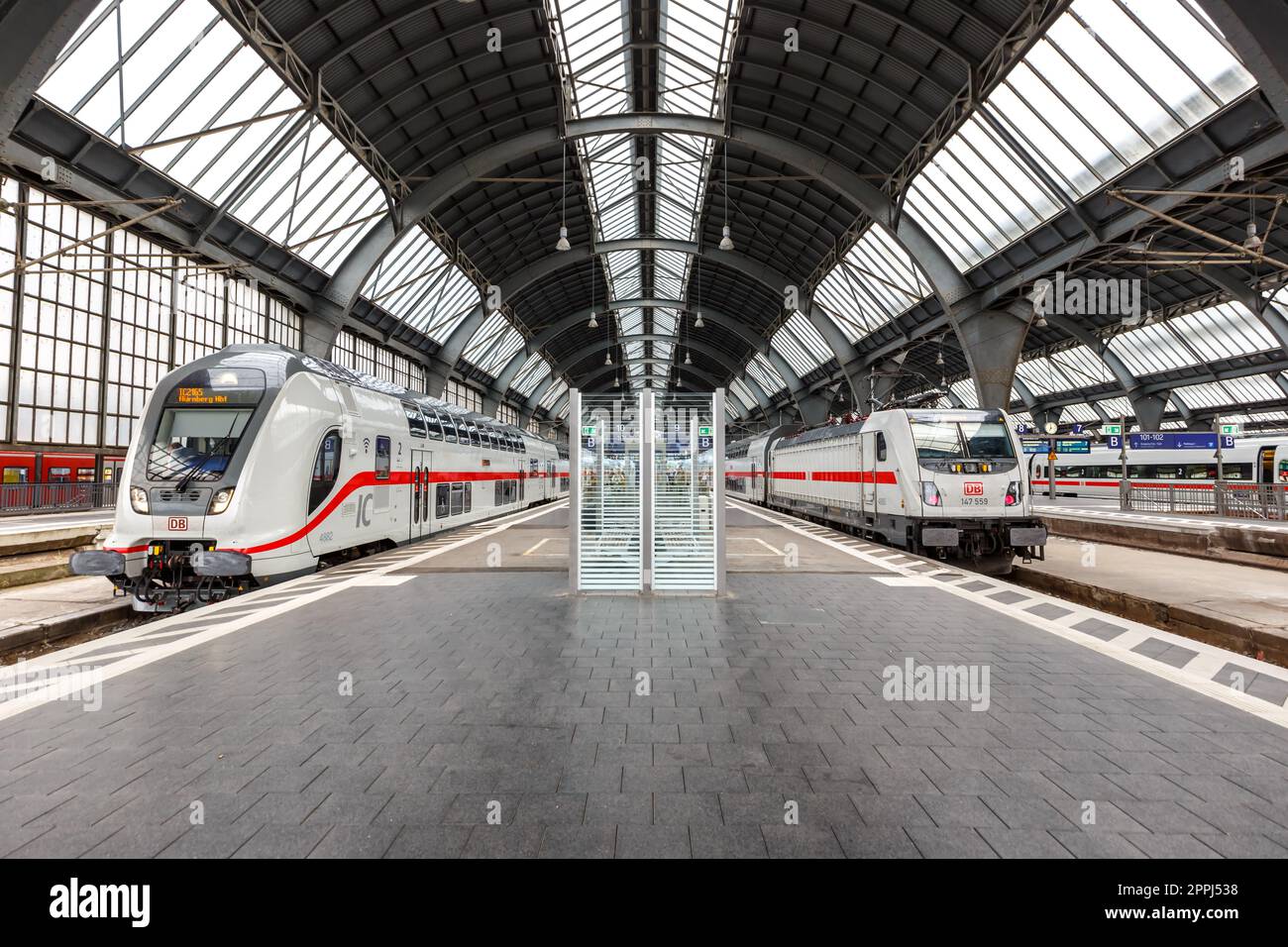 InterCity IC trains type Twindexx Vario by Bombardier of DB Deutsche Bahn at Karlsruhe main station in Germany Stock Photo