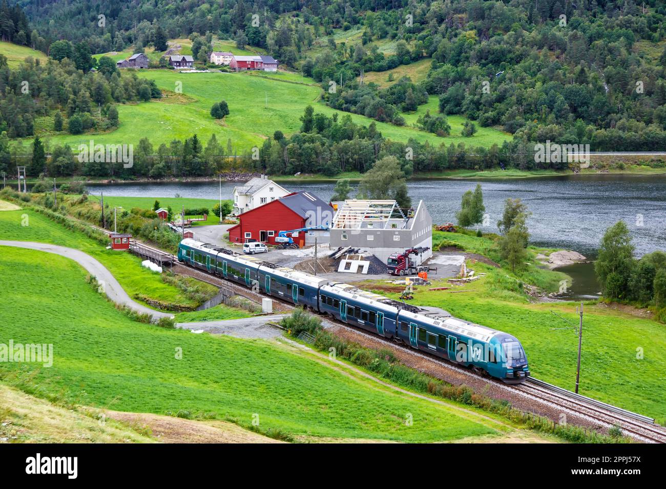 Stadler FLIRT regional train of VY Vossebane on Bergen Railway near Seimsgrend in Norway Stock Photo