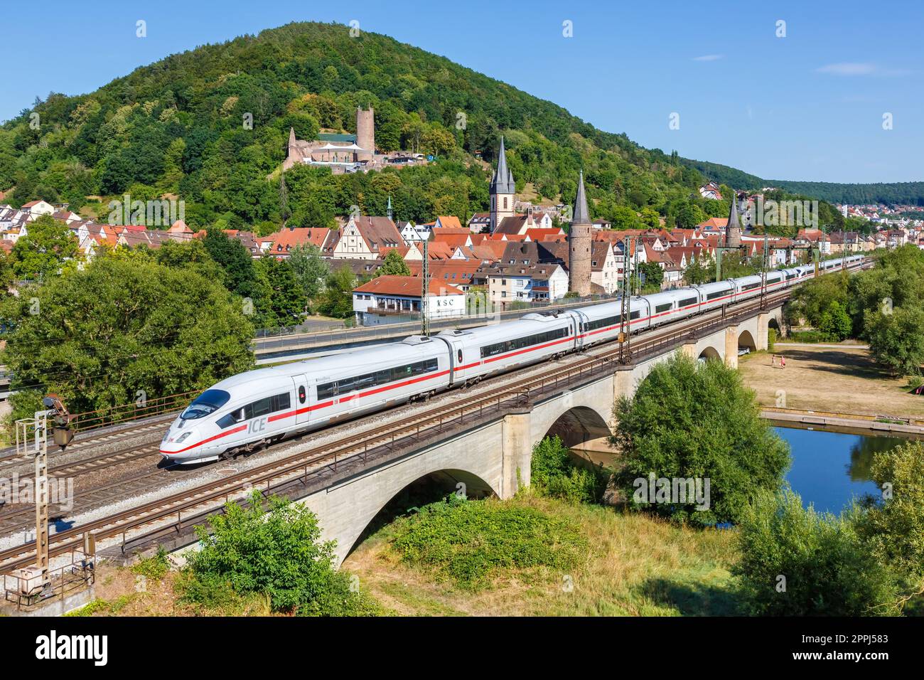ICE 3 of Deutsche Bahn DB high-speed train railway in Gemuenden am Main, Germany Stock Photo