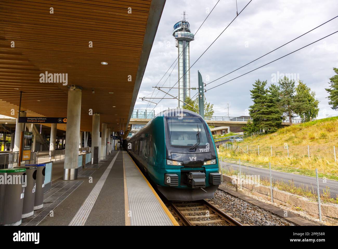 Stadler FLIRT regional train of VY at Oslo Lufthavn airport railway station in Norway Stock Photo