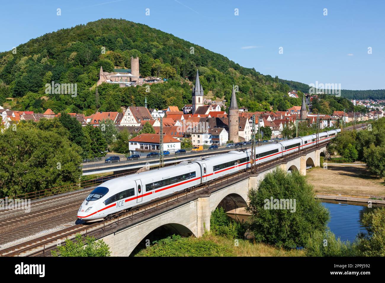 ICE 3 of Deutsche Bahn DB high-speed train railway in Gemuenden am Main, Germany Stock Photo