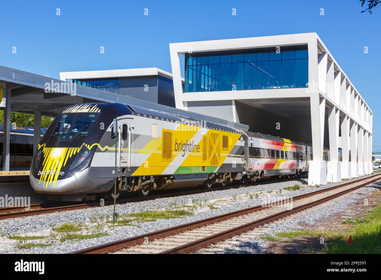 Brightline private inter-city rail train at West Palm Beach railway station in Florida, United States Stock Photo
