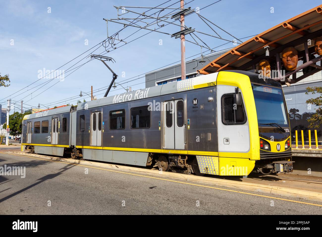 Metro Rail Gold Line light rail train public transport at Pico Aliso stop in Los Angeles, United States Stock Photo
