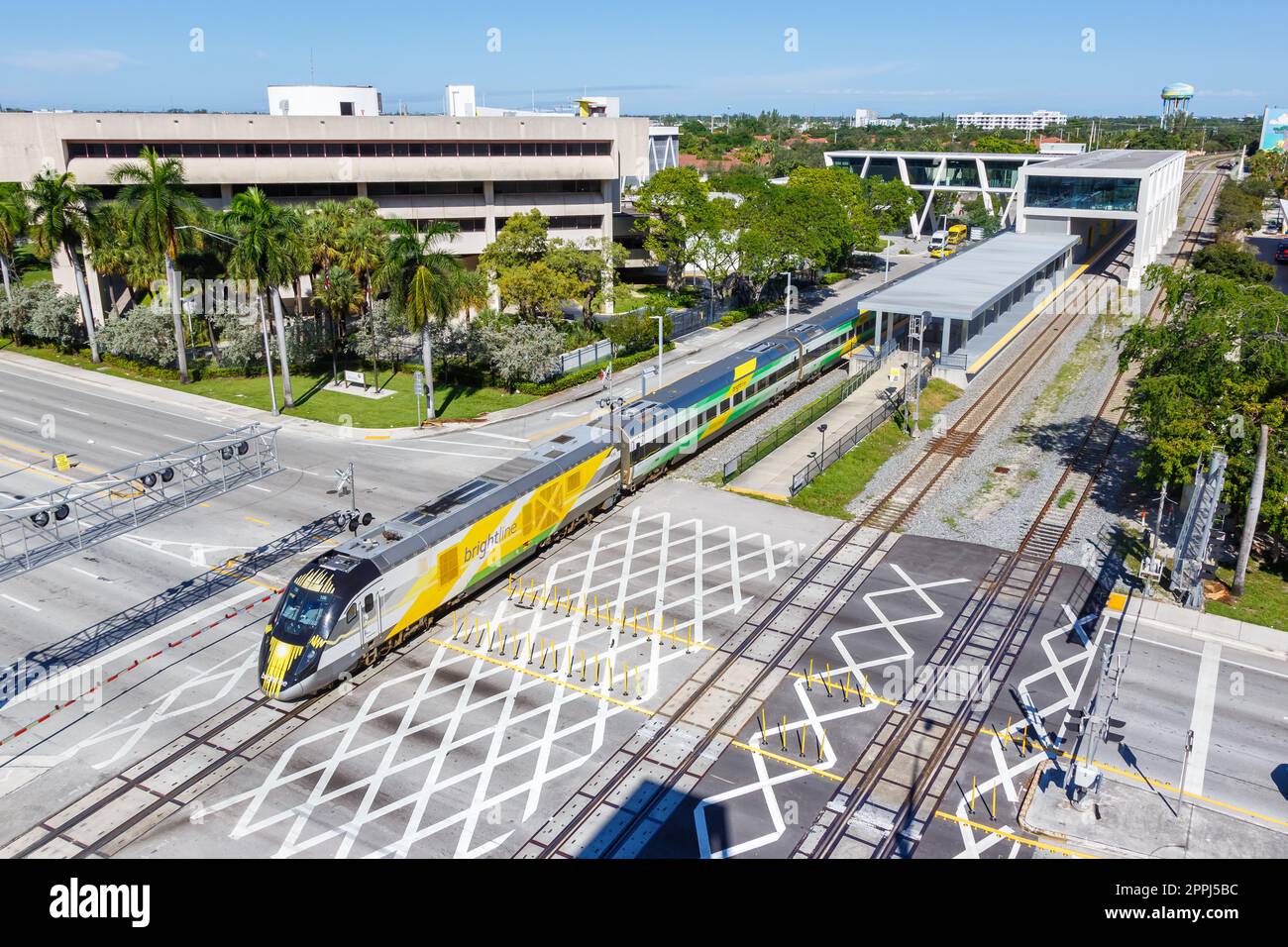 Brightline private inter-city rail train at Fort Lauderdale railway station in Florida, United States Stock Photo