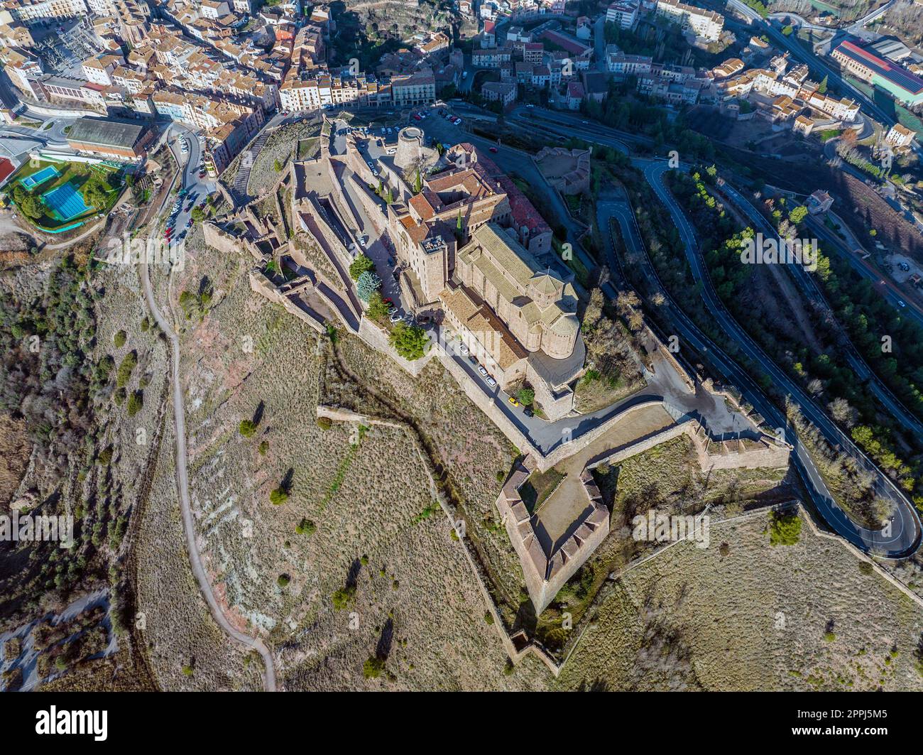 Cardona castle is a famous medieval castle in Catalonia. overhead top view Stock Photo