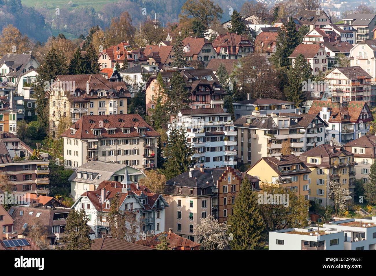 Bird's eye view of the sea of residential and commercial buildings in the city center of Lucerne, in the canton of the same name in Switzerland Stock Photo