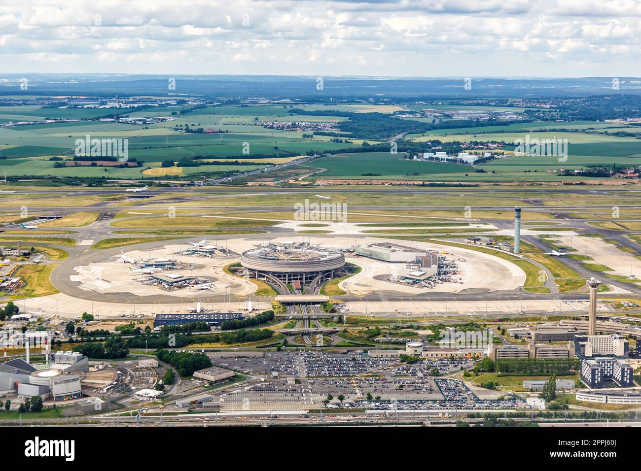 Paris Charles de Gaulle CDG Airport Terminal 1 aerial view in France