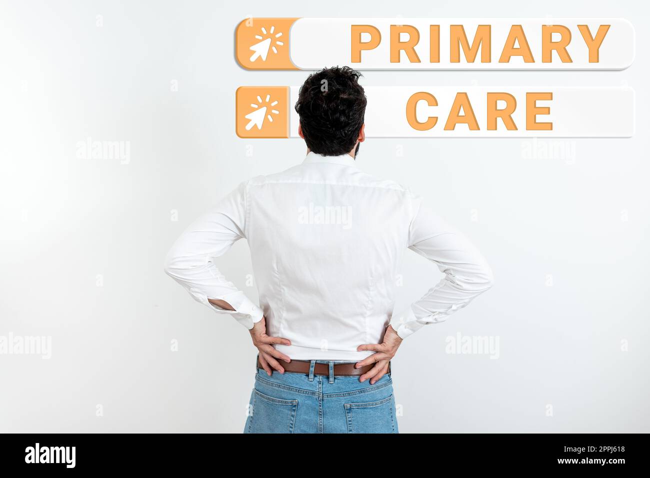 Text caption presenting Primary Care. Word for health care provided by medical practitioner, pediatrician, or nurse Stock Photo