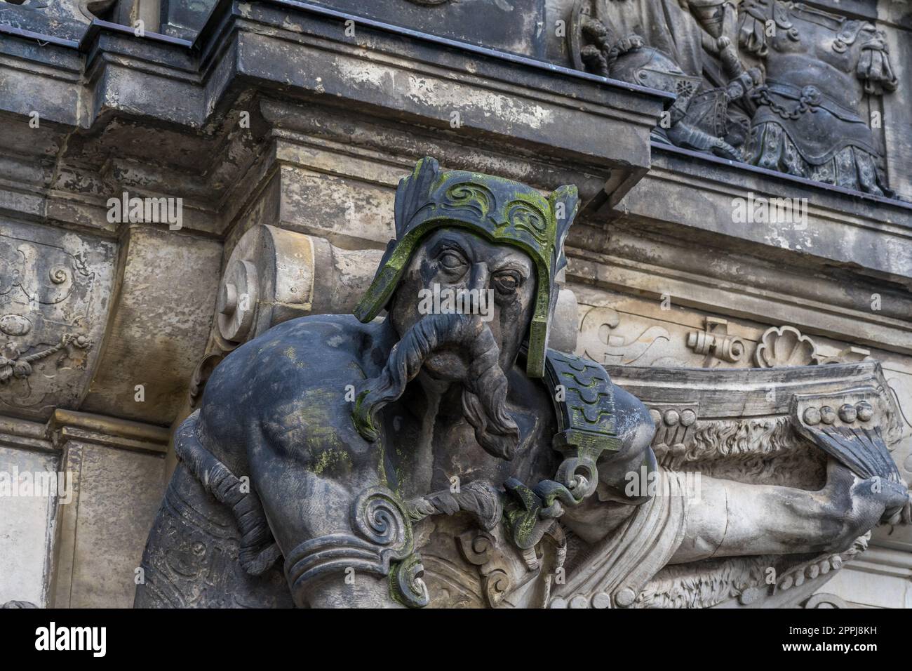 Sculpture of ancient warriors in front of the Georg gate in the historic center of Dresden. Germany. Medieval European architecture. Stock Photo
