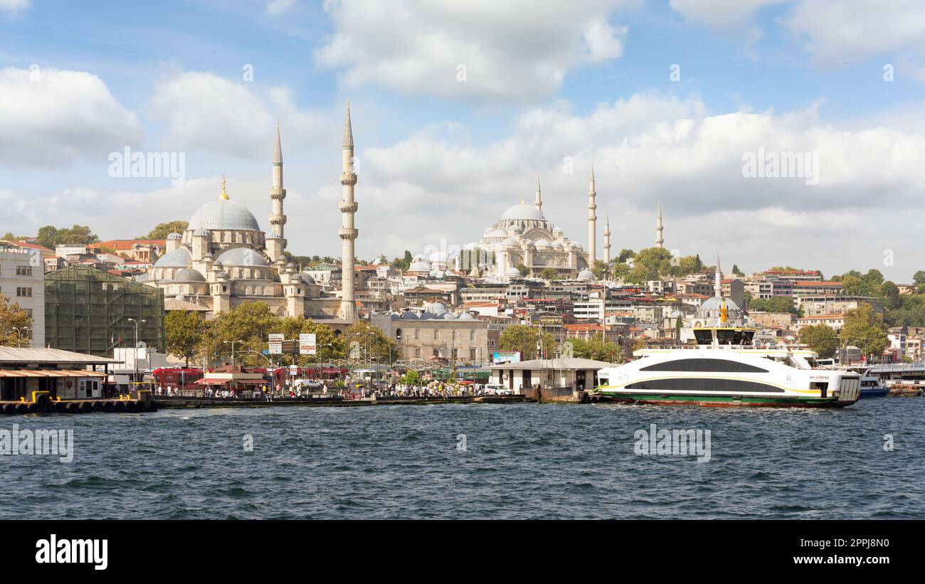 Istanbul city view at Eminonu overlooking the Golden Horn with Rustem Pasha Mosque, Turkey Stock Photo