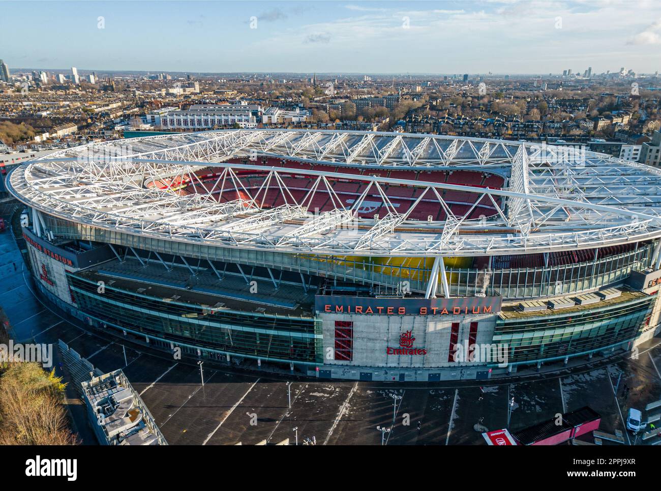 Emirates Stadium - home of Arsenal London soccer club - aerial view - LONDON, UK - DECEMBER 20, 2022 Stock Photo