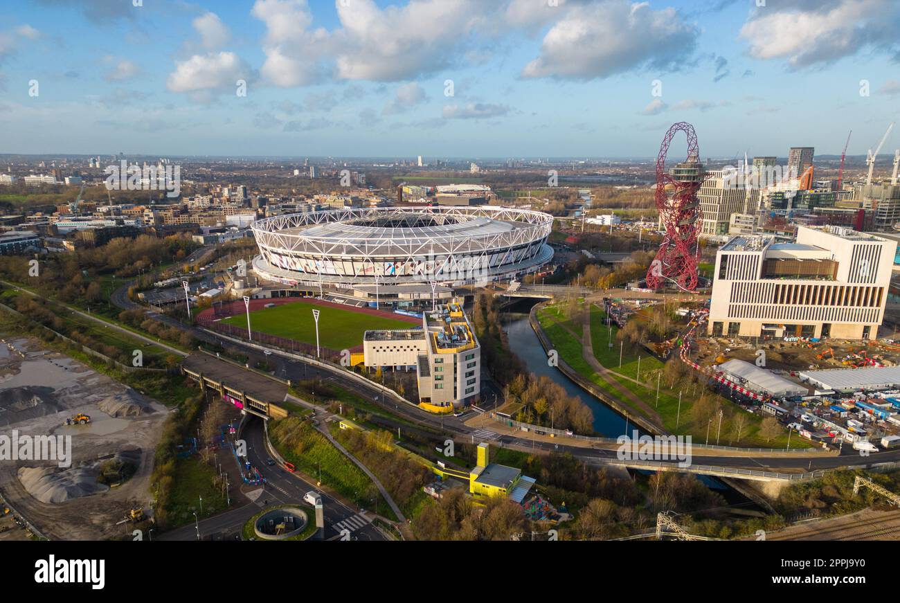 Queen Elizabeth Olympic Park in London - aerial view - LONDON, UK - DECEMBER 20, 2022 Stock Photo