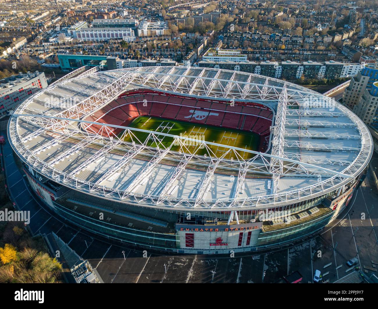 Emirates Stadium - home of Arsenal London soccer club - aerial view - LONDON, UK - DECEMBER 20, 2022 Stock Photo