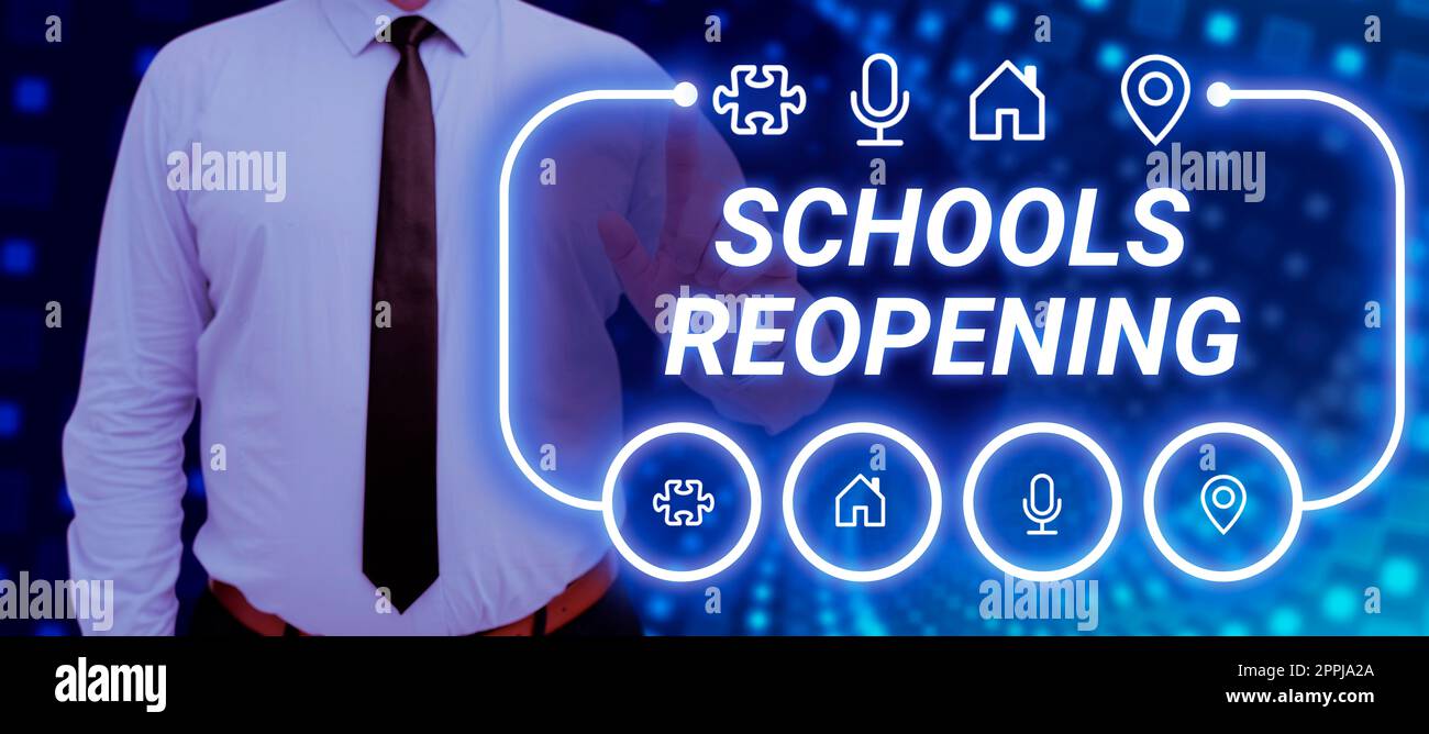 Text sign showing Schools Reopening. Concept meaning classes are over for the time being End of the school day Stock Photo