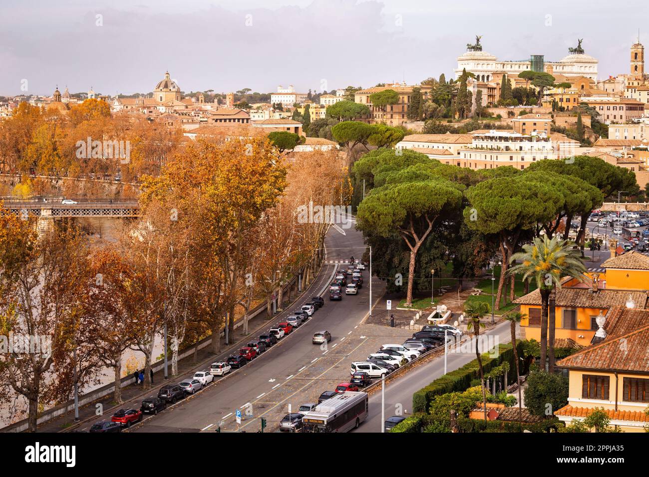 Autumn panoramic cityscape of Rome from the Orange Garden on the Aventine hill and Tiber river. Stock Photo