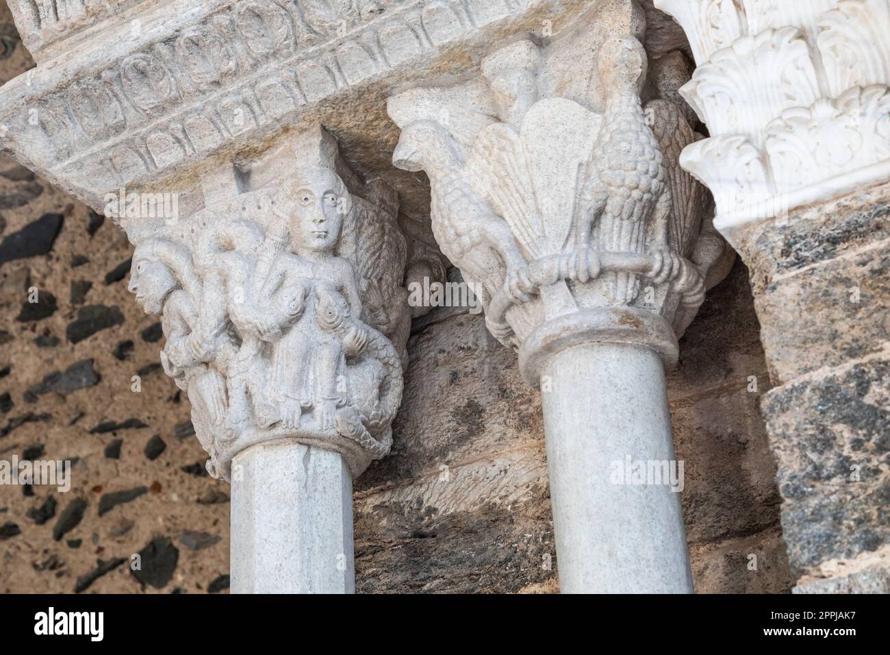 St Michael Abbey - Sacra di San Michele - Italy. Gargoyle monster sculpture, 11th Century. Stock Photo