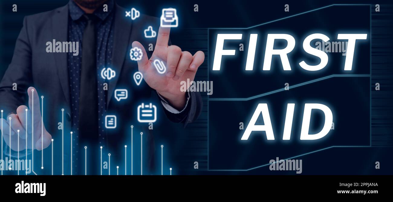 Text caption presenting First Aid. Word Written on Practise of healing