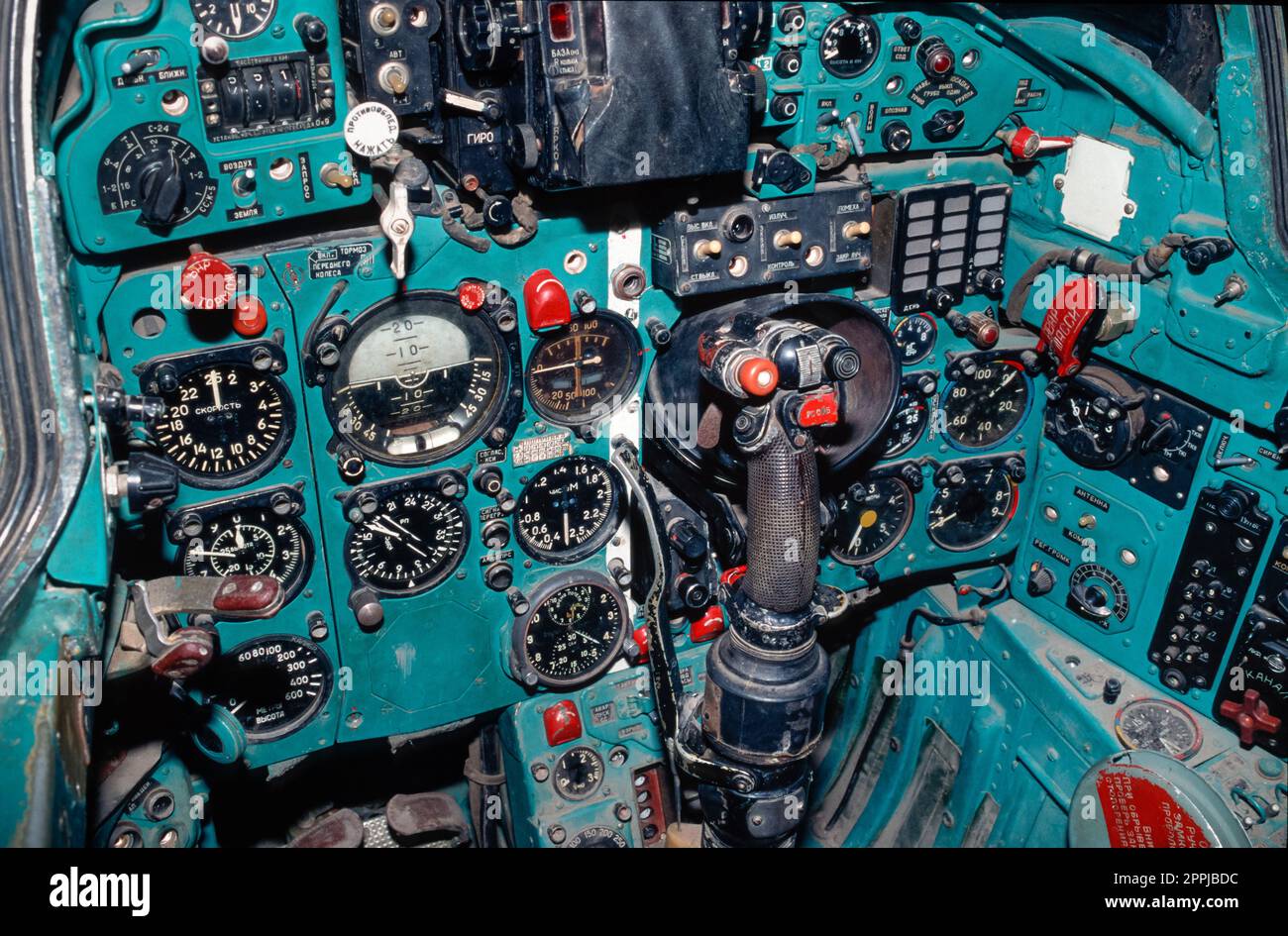 Scanned slide of a historical color photograph of the controls and display instruments of a cockpit of a Soviet MIG 21, a fighter jet of the North Vietnamese Army Stock Photo