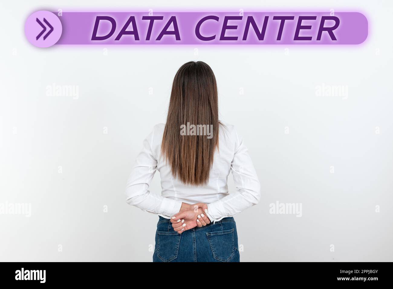 Handwriting text Data Center. Word for a repository that houses computing facilities like servers Stock Photo