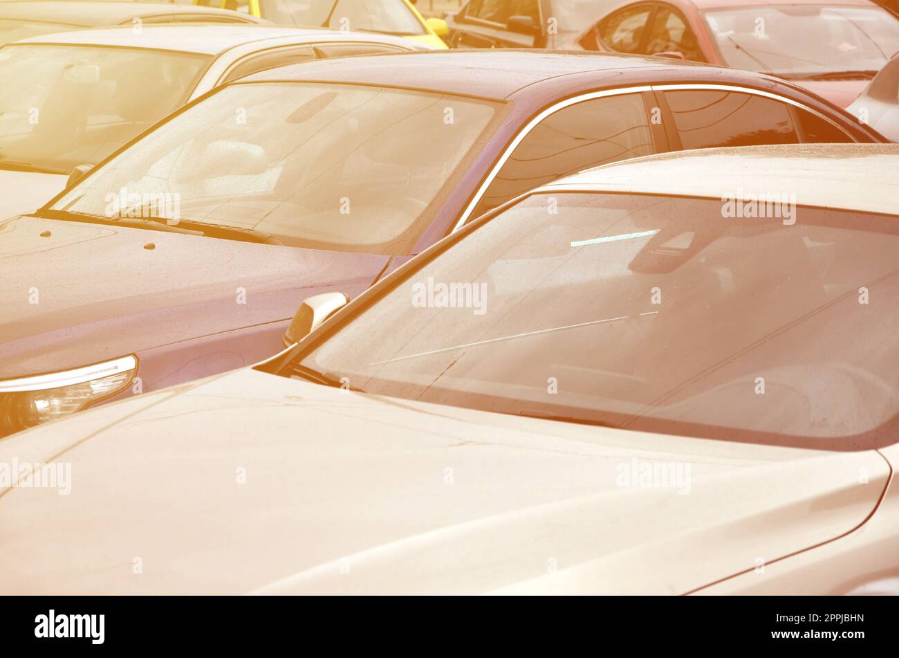 Roofs of several cars. A lot of cars stand close at rush hour Stock Photo