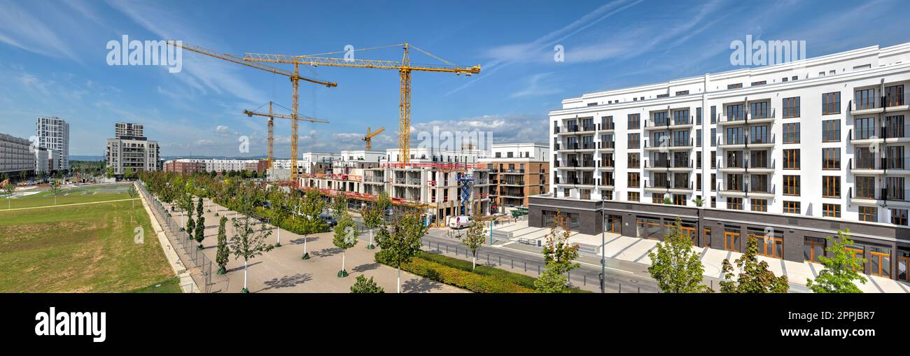 A new development of residential houses with construction cranes and construction site in the background Stock Photo